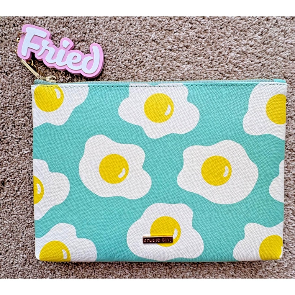 NWOT! Studio DIY! Fried Egg Pouch "Fried" Charm Teal & Yellow Zip Bag Clutch‎